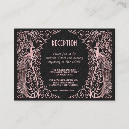Roos Gold Art Deco Peacocks Black Receptie Informatiekaartje (Voorkant)