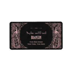 Roos Gold Art Deco Peacocks Black Wedding Etiket
