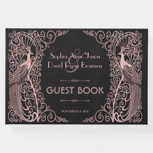 Roos Gold Art Deco Peacocks Black Wedding Gastenboek (Voorkant)