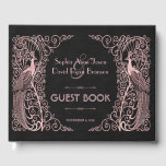 Roos Gold Art Deco Peacocks Black Wedding Gastenboek<br><div class="desc">Uniek ontwerp met een mix van oude,  op wereldschaal getextureerde roos gouden decopauzes en een gedurfde,  moderne grafische aanpak op een zwarte getextureerde achtergrond. Het gebruik past hulpmiddel aan om uw info toe te voegen. Ga voor overeenkomende objecten naar het Collectie Gold Art Deco Peacocks voor Roos Gold Art.</div>