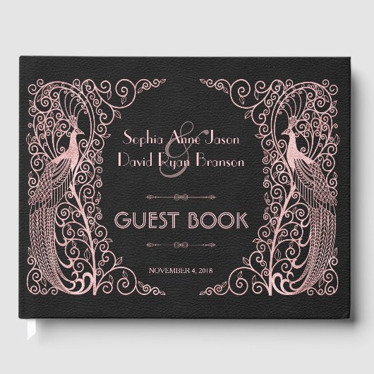 Roos Gold Art Deco Peacocks Black Wedding Gastenboek (Voorkant)