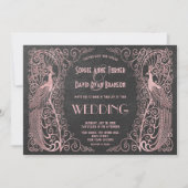 Roos Gold Art Deco Peacocks Black Wedding Invite Kaart (Voorkant)