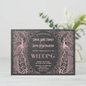 Roos Gold Art Deco Peacocks Black Wedding Invite Kaart (Staand voorkant)