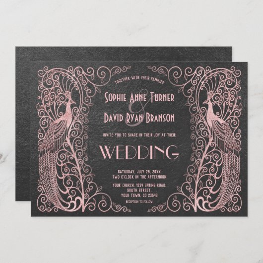 Roos Gold Art Deco Peacocks Black Wedding Invite Kaart (Voorkant / Achterkant)