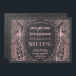 Roos Gold Art Deco Peacocks Black Wedding Invite Kaart<br><div class="desc">Uniek ontwerp met een combinatie van oude,  op wereldschaal gebezigde,  gouden roos-decopauzes en een gedurfde,  moderne grafische aanpak op een zwarte marmerachtergrond. Het gebruik past hulpmiddel aan om uw info toe te voegen. Ga voor overeenkomende objecten naar het Collectie Gold Art Deco Peacocks voor Roos Gold Art.</div>