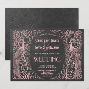 Roos Gold Art Deco Peacocks Black Wedding Invite Kaart
