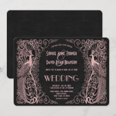 Roos Gold Art Deco Peacocks Black Wedding Invite Kaart (Voorkant / Achterkant)