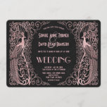 Roos Gold Art Deco Peacocks Black Wedding Invite Kaart<br><div class="desc">Uniek ontwerp met een mix van oude,  op wereldschaal getextureerde roos gouden decopauzes en een gedurfde,  moderne grafische aanpak op een zwarte getextureerde achtergrond. Het gebruik past hulpmiddel aan om uw info toe te voegen. Ga voor overeenkomende objecten naar het Collectie Gold Art Deco Peacocks voor Roos Gold Art.</div>