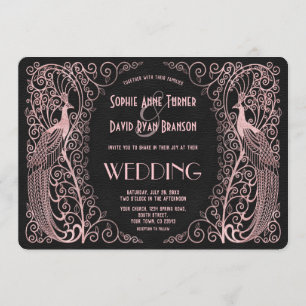 Roos Gold Art Deco Peacocks Black Wedding Invite Kaart