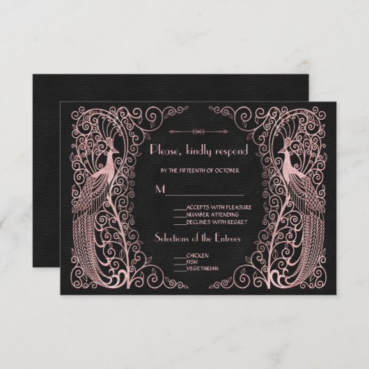 Roos Gold Art Deco Peacocks Zwart RSVP (Voorkant / Achterkant)