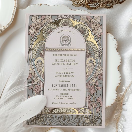 Roos Gold Art Nouveau Botanische bruiloft uitnodig Folie Uitnodiging
