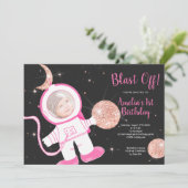 Roos Gold astronaut meisje roze 1e verjaardag Kaart (Staand voorkant)