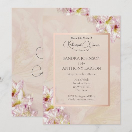Roos Gold Azalea Huwelijksrepetitie Uitnodiging (Voorkant / Achterkant)