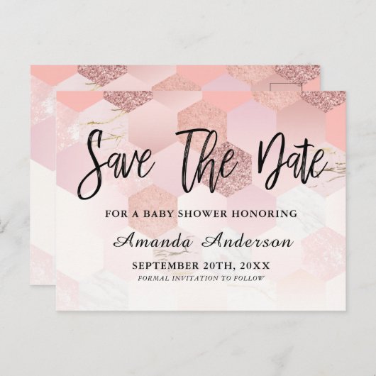 Roos Gold Baby shower sparen de datum Aankondigingskaart (Voorkant / Achterkant)