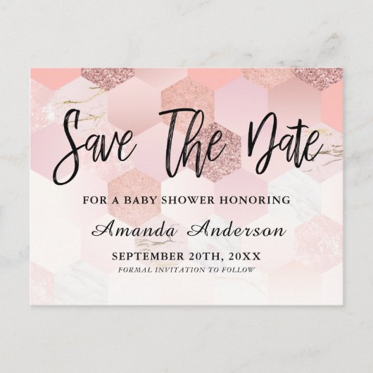 Roos Gold Baby shower sparen de datum Aankondigingskaart (Voorkant)