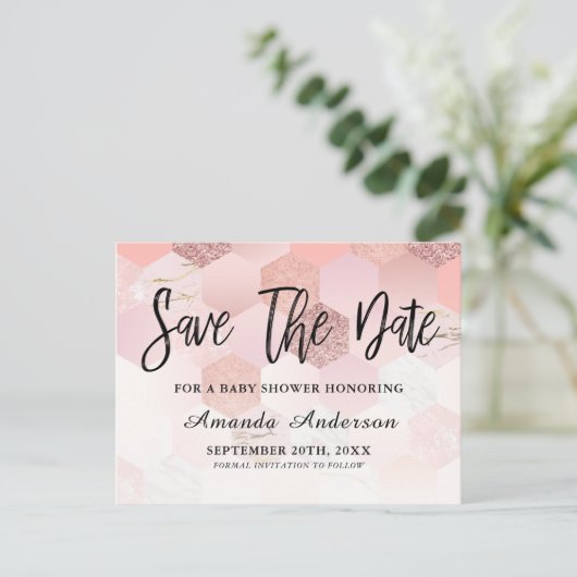 Roos Gold Baby shower sparen de datum Aankondigingskaart (Staand voorkant)
