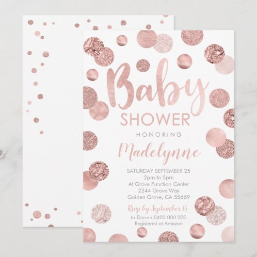 Roos Gold Baby shower uitnodiging Confetti Girl (Voorkant / Achterkant)