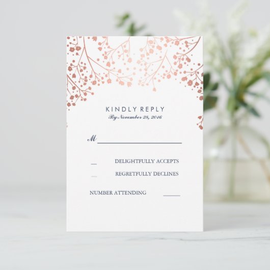 Roos Gold Baby's Breath Bruiloft RSVP Kaarten (Staand voorkant)