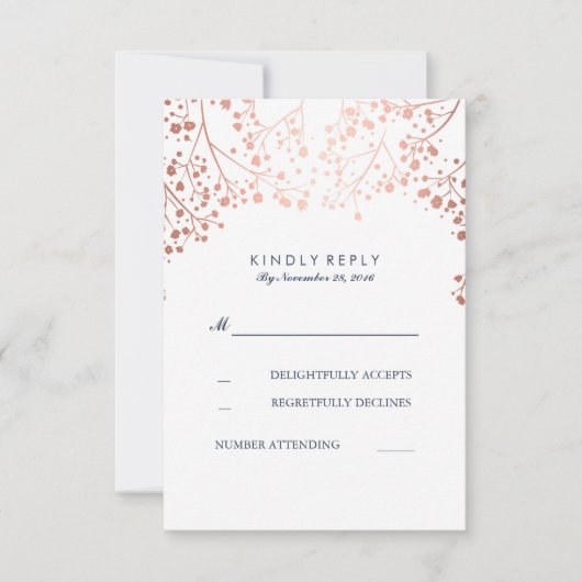 Roos Gold Baby's Breath Bruiloft RSVP Kaarten Kaartje (Voorkant)