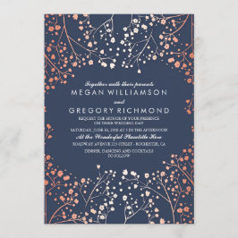 Roos Gold Baby's Breath Floral Navy Modern Wedding Kaart