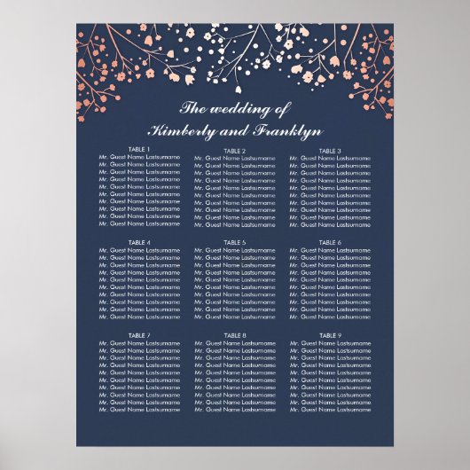 Roos Gold Baby's Breath Wedding Seating Chart Poster (Voorkant)