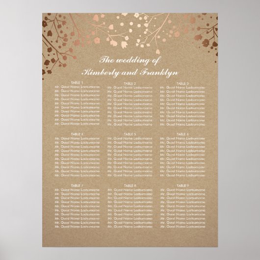 Roos Gold Baby's Breath Wedding Seating Chart Poster (Voorkant)