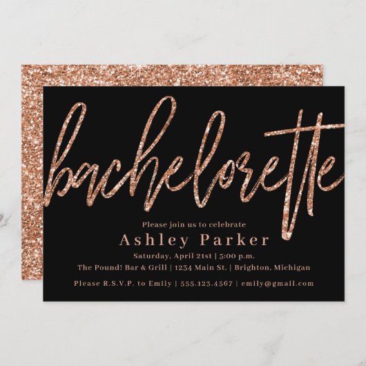 Roos Gold Bachelorette Party Invitation Glitter Kaart (Voorkant / Achterkant)