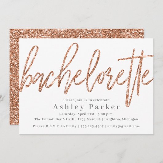 Roos Gold Bachelorette Party Invitation Glitter Kaart (Voorkant / Achterkant)