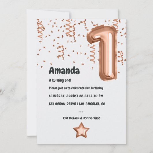 Roos Gold ballon, eerste verjaardag Kaart (Voorkant)