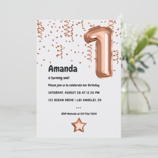 Roos Gold ballon, eerste verjaardag Kaart (Staand voorkant)