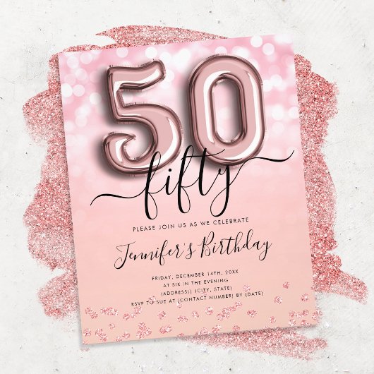 Roos Gold ballon Glitter 50th Birthday Invite Flyer