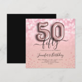 Roos Gold ballon Glitter 50th Birthday Invite Kaart (Voorkant / Achterkant)