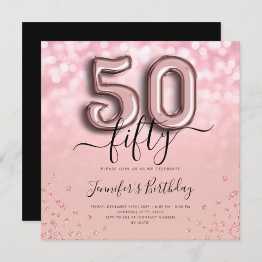 Roos Gold ballon Glitter 50th Birthday Invite Kaart (Voorkant / Achterkant)