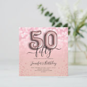 Roos Gold ballon Glitter 50th Birthday Invite Kaart (Staand voorkant)