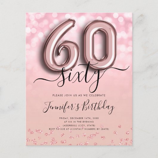 Roos Gold ballon Glitter 60th Birthday Invite Flyer (Voorkant)