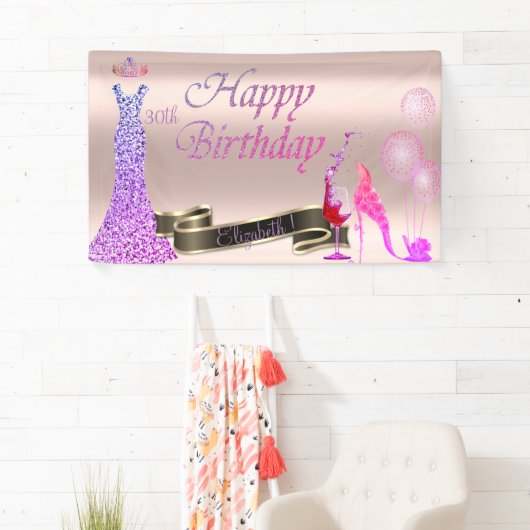 Roos Gold, ballonnen, glas, hiel, glitterklep Spandoek (Insitu)