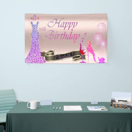 Roos Gold, ballonnen, glas, hiel, glitterklep Spandoek (Beurs)