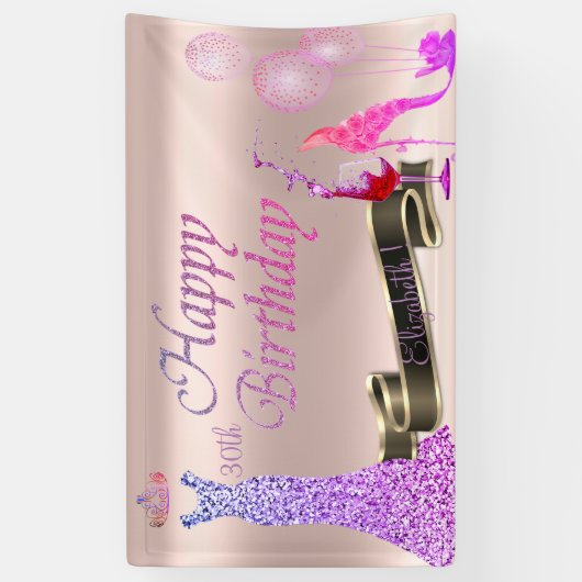 Roos Gold, ballonnen, glas, hiel, glitterklep Spandoek (Verticaal)