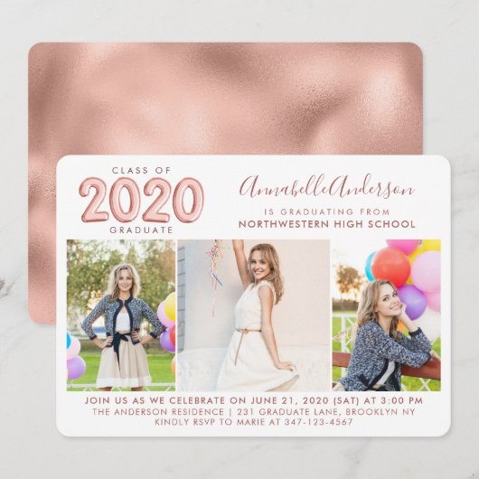 Roos Gold Balloon 2020 Afstuderen Foto Afstuderen Aankondiging (Voorkant / Achterkant)