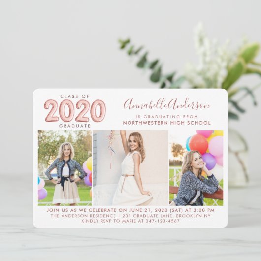 Roos Gold Balloon 2020 Afstuderen Foto Afstuderen Aankondiging (Staand voorkant)