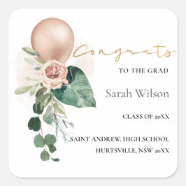 ROOS GOLD BALLOON FLORA AFSTUDEERDER CONGRATEN VIERKANTE STICKER