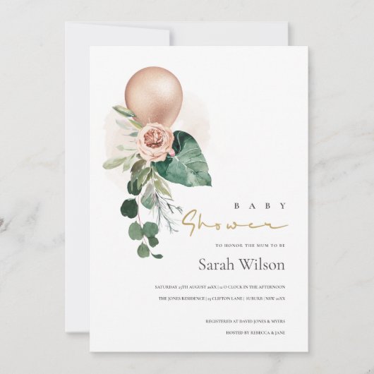 ROOS GOLD BALLOON FLORAL BUNCH BABY SHOWER INVITE BEDANKKAART (Voorkant)