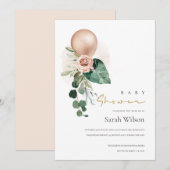 ROOS GOLD BALLOON FLORAL BUNCH BABY SHOWER INVITE BEDANKKAART (Voorkant / Achterkant)
