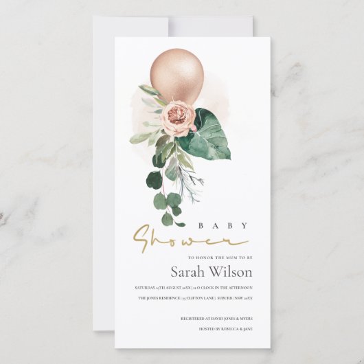 ROOS GOLD BALLOON FLORAL BUNCH BABY SHOWER INVITE BEDANKKAART (Voorkant)
