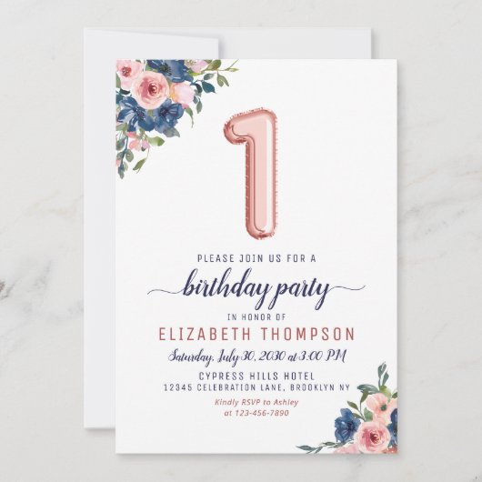 Roos Gold Balloon Floral Navy Blush 1 september Kaart (Voorkant)