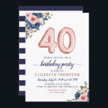 Roos Gold Balloon Floral Navy Blush 40th Birthday Kaart<br><div class="desc">Floral Navy Blue Blush Pink Ballon 40th Birthday Invitation Het ontwerp is voorzien van waterverf marineblauw en wazige roze bloemen met een roos gouden ballonaccent. Als je de genummerde ballonnen wilt wijzigen,  kun je me gratis emailen via panggadesigns@gmail.com</div>