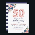 Roos Gold Balloon Floral Navy Blush 50th Birthday Kaart<br><div class="desc">Floral Navy Blue Blush Pink Ballon 50th Birthday Invitation Het ontwerp is voorzien van waterverf marineblauw en wazige roze bloemen met een roos gouden ballonaccent. Als je de genummerde ballonnen wilt wijzigen,  kun je me gratis emailen via panggadesigns@gmail.com</div>