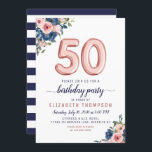 Roos Gold Balloon Floral Navy Blush 50th Birthday Kaart<br><div class="desc">Floral Navy Blue Blush Pink Ballon 50th Birthday Invitation Het ontwerp is voorzien van waterverf marineblauw en wazige roze bloemen met een roos gouden ballonaccent. Als je de genummerde ballonnen wilt wijzigen,  kun je me gratis emailen via panggadesigns@gmail.com</div>