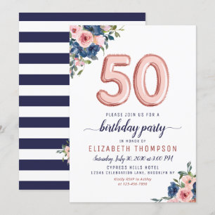Roos Gold Balloon Floral Navy Blush 50th Birthday Kaart