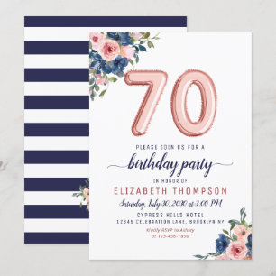 Roos Gold Balloon Floral Navy Blush 70th Birthday Kaart